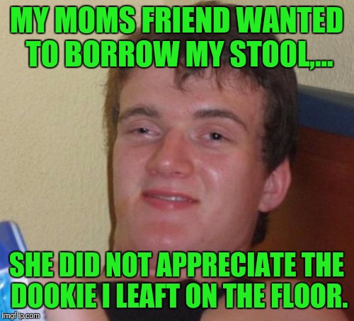 10 Guy Meme | MY MOMS FRIEND WANTED TO BORROW MY STOOL,... SHE DID NOT APPRECIATE THE DOOKIE I LEAFT ON THE FLOOR. | image tagged in memes,10 guy | made w/ Imgflip meme maker