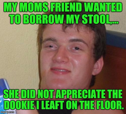 10 Guy | MY MOMS FRIEND WANTED TO BORROW MY STOOL,... SHE DID NOT APPRECIATE THE DOOKIE I LEAFT ON THE FLOOR. | image tagged in memes,10 guy | made w/ Imgflip meme maker