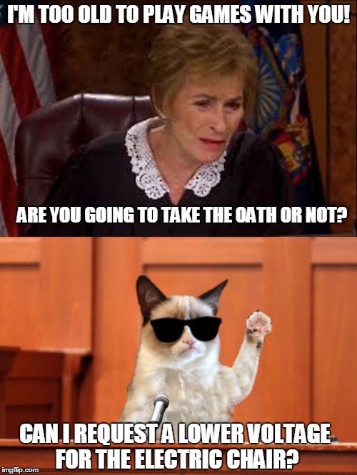 The court calls the first witness to the stand, Mr. Grumpy Cat | I'M TOO OLD TO PLAY GAMES WITH YOU! ARE YOU GOING TO TAKE THE OATH OR NOT? CAN I REQUEST A LOWER VOLTAGE FOR THE ELECTRIC CHAIR? | image tagged in judge judy and the cat,memes | made w/ Imgflip meme maker