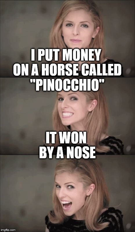 I thought he wooden make it... | I PUT MONEY ON A HORSE CALLED "PINOCCHIO"; IT WON BY A NOSE | image tagged in memes,bad pun anna kendrick,betting,money,pinocchio,animals | made w/ Imgflip meme maker