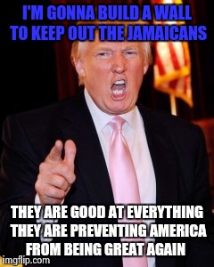 Donald Trump | I'M GONNA BUILD A WALL TO KEEP OUT THE JAMAICANS; THEY ARE GOOD AT EVERYTHING THEY ARE PREVENTING AMERICA FROM BEING GREAT AGAIN | image tagged in donald trump | made w/ Imgflip meme maker