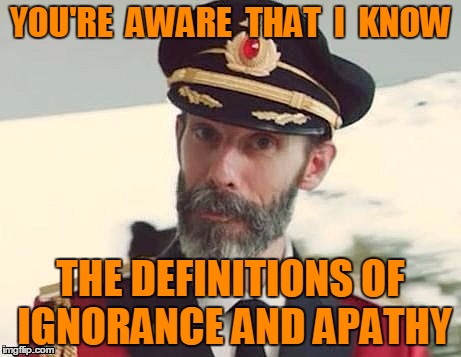 Captain Obvious | YOU'RE  AWARE  THAT  I  KNOW THE DEFINITIONS OF IGNORANCE AND APATHY | image tagged in captain obvious | made w/ Imgflip meme maker