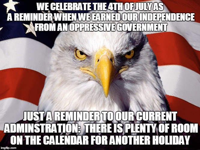 WE CELEBRATE THE 4TH OF JULY AS A REMINDER WHEN WE EARNED OUR INDEPENDENCE FROM AN OPPRESSIVE GOVERNMENT; JUST A REMINDER TO OUR CURRENT ADMINSTRATION:  THERE IS PLENTY OF ROOM ON THE CALENDAR FOR ANOTHER HOLIDAY | image tagged in usa | made w/ Imgflip meme maker