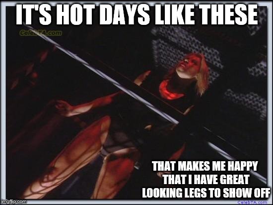 Jessica Collins | IT'S HOT DAYS LIKE THESE; THAT MAKES ME HAPPY THAT I HAVE GREAT LOOKING LEGS TO SHOW OFF | image tagged in jessica collins | made w/ Imgflip meme maker