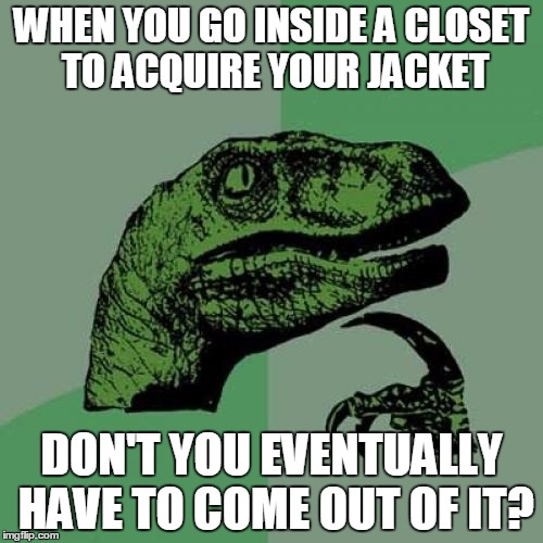 What are you gay or something? | WHEN YOU GO INSIDE A CLOSET TO ACQUIRE YOUR JACKET; DON'T YOU EVENTUALLY HAVE TO COME OUT OF IT? | image tagged in memes,philosoraptor,coming out,gay | made w/ Imgflip meme maker