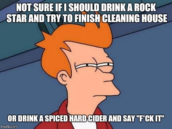 Futurama Fry | NOT SURE IF I SHOULD DRINK A ROCK STAR AND TRY TO FINISH CLEANING HOUSE; OR DRINK A SPICED HARD CIDER AND SAY "F*CK IT" | image tagged in memes,futurama fry | made w/ Imgflip meme maker