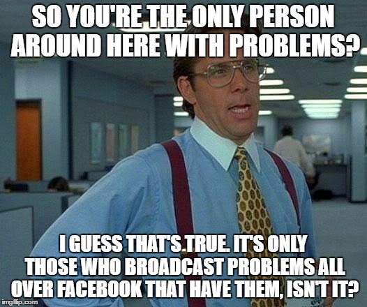 That Would Be Great Meme | SO YOU'RE THE ONLY PERSON AROUND HERE WITH PROBLEMS? I GUESS THAT'S TRUE. IT'S ONLY THOSE WHO BROADCAST PROBLEMS ALL OVER FACEBOOK THAT HAVE THEM, ISN'T IT? | image tagged in memes,that would be great | made w/ Imgflip meme maker