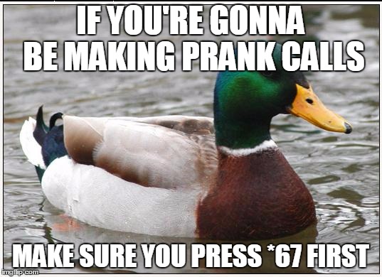 Actual Advice Mallard Meme | IF YOU'RE GONNA BE MAKING PRANK CALLS; MAKE SURE YOU PRESS *67 FIRST | image tagged in memes,actual advice mallard | made w/ Imgflip meme maker