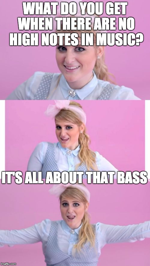 WHAT DO YOU GET WHEN THERE ARE NO HIGH NOTES IN MUSIC? IT'S ALL ABOUT THAT BASS | image tagged in bad pun megan trainor | made w/ Imgflip meme maker