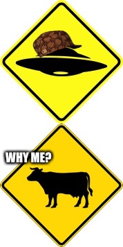 Bad Luck Cow VS Scumbag Alien | WHY ME? | image tagged in blockbuster | made w/ Imgflip meme maker