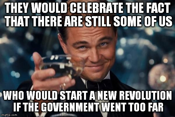 Leonardo Dicaprio Cheers Meme | THEY WOULD CELEBRATE THE FACT THAT THERE ARE STILL SOME OF US WHO WOULD START A NEW REVOLUTION IF THE GOVERNMENT WENT TOO FAR | image tagged in memes,leonardo dicaprio cheers | made w/ Imgflip meme maker