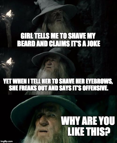 Some girls can dish it but can't take it. | GIRL TELLS ME TO SHAVE MY BEARD AND CLAIMS IT'S A JOKE; YET WHEN I TELL HER TO SHAVE HER EYEBROWS, SHE FREAKS OUT AND SAYS IT'S OFFENSIVE. WHY ARE YOU LIKE THIS? | image tagged in memes,confused gandalf,eyebrows,beard,why | made w/ Imgflip meme maker