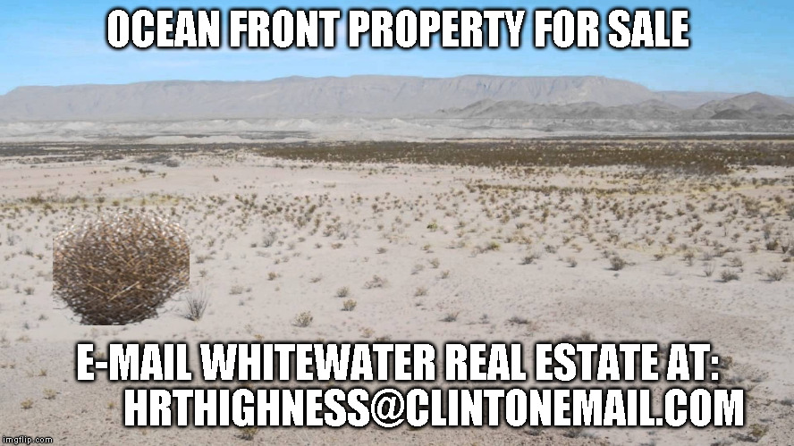 TumbleDesert | OCEAN FRONT PROPERTY FOR SALE; E-MAIL WHITEWATER REAL ESTATE AT:         HRTHIGHNESS@CLINTONEMAIL.COM | image tagged in tumbledesert | made w/ Imgflip meme maker