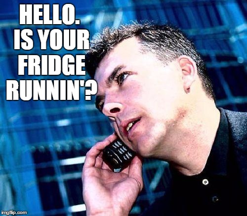 HELLO. IS YOUR FRIDGE RUNNIN'? | image tagged in calling in sick | made w/ Imgflip meme maker