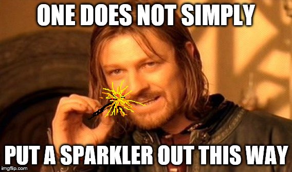 One Does Not Simply Meme | ONE DOES NOT SIMPLY; PUT A SPARKLER OUT THIS WAY | image tagged in memes,one does not simply | made w/ Imgflip meme maker