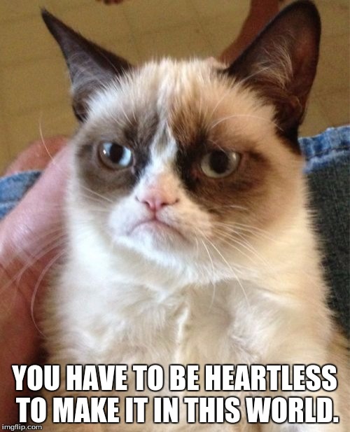 Grumpy Cat Meme | YOU HAVE TO BE HEARTLESS TO MAKE IT IN THIS WORLD. | image tagged in memes,grumpy cat | made w/ Imgflip meme maker