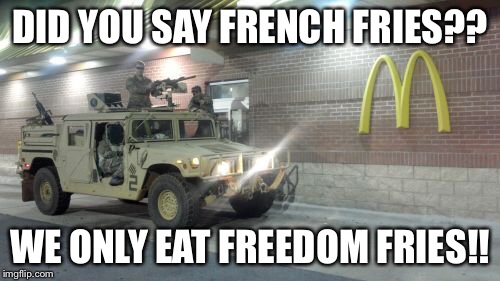 Freedom is on the menu | DID YOU SAY FRENCH FRIES?? WE ONLY EAT FREEDOM FRIES!! | image tagged in independence day | made w/ Imgflip meme maker