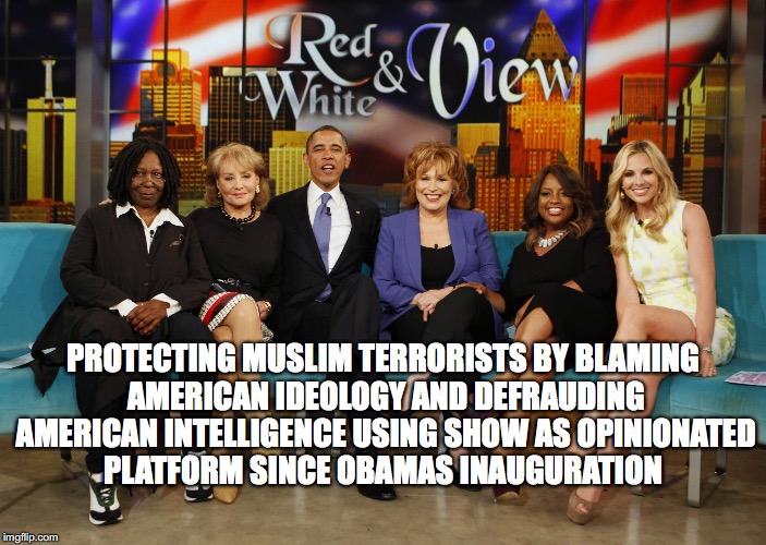 The View | PROTECTING MUSLIM TERRORISTS BY BLAMING AMERICAN IDEOLOGY AND DEFRAUDING AMERICAN INTELLIGENCE USING SHOW AS OPINIONATED PLATFORM SINCE OBAMAS INAUGURATION | image tagged in the view | made w/ Imgflip meme maker