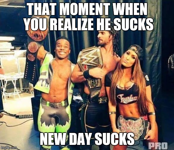 wwe | THAT MOMENT WHEN YOU REALIZE HE SUCKS; NEW DAY SUCKS | image tagged in wwe | made w/ Imgflip meme maker
