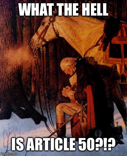 George Washington 5 | WHAT THE HELL; IS ARTICLE 50?!? | image tagged in george washington 5 | made w/ Imgflip meme maker