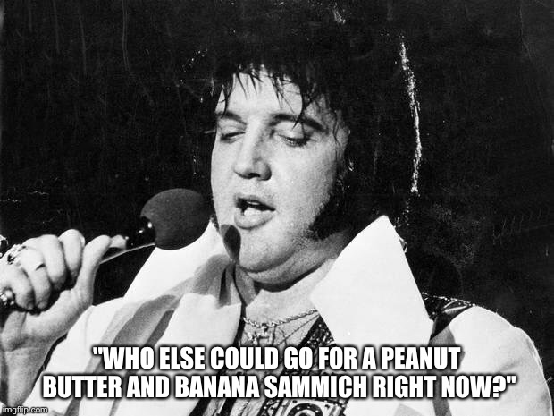 Hungry Elvis. | "WHO ELSE COULD GO FOR A PEANUT BUTTER AND BANANA SAMMICH RIGHT NOW?" | image tagged in elvis,elvis presley,peanut butter | made w/ Imgflip meme maker