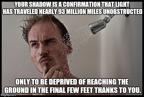 shower thoughts #3 | YOUR SHADOW IS A CONFIRMATION THAT LIGHT HAS TRAVELED NEARLY 93 MILLION MILES UNOBSTRUCTED; ONLY TO BE DEPRIVED OF REACHING THE GROUND IN THE FINAL FEW FEET THANKS TO YOU. | image tagged in wisdom | made w/ Imgflip meme maker