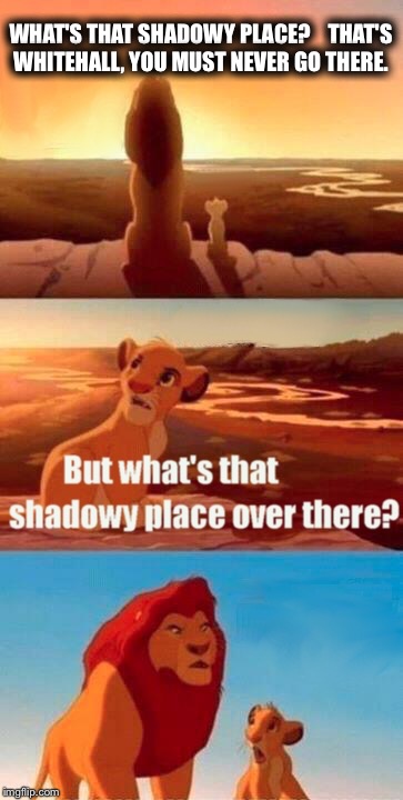 Simba Shadowy Place | WHAT'S THAT SHADOWY PLACE?



THAT'S WHITEHALL, YOU MUST NEVER GO THERE. | image tagged in memes,simba shadowy place | made w/ Imgflip meme maker