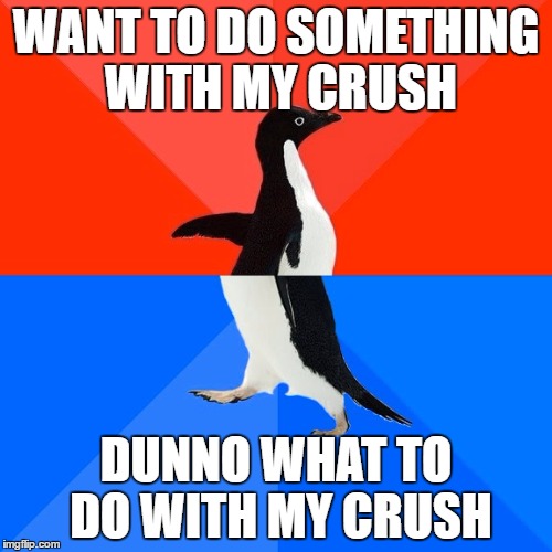 Socially Awesome Awkward Penguin | WANT TO DO SOMETHING WITH MY CRUSH; DUNNO WHAT TO DO WITH MY CRUSH | image tagged in memes,socially awesome awkward penguin | made w/ Imgflip meme maker
