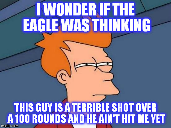 Futurama Fry Meme | I WONDER IF THE EAGLE WAS THINKING THIS GUY IS A TERRIBLE SHOT OVER A 100 ROUNDS AND HE AIN'T HIT ME YET | image tagged in memes,futurama fry | made w/ Imgflip meme maker