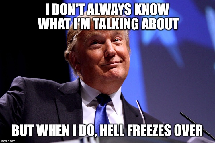 Donald Trump No2 | I DON'T ALWAYS KNOW WHAT I'M TALKING ABOUT; BUT WHEN I DO, HELL FREEZES OVER | image tagged in donald trump no2 | made w/ Imgflip meme maker