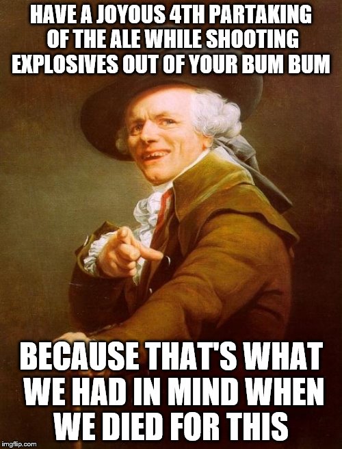 the meaning of the 4th | HAVE A JOYOUS 4TH PARTAKING OF THE ALE WHILE SHOOTING EXPLOSIVES OUT OF YOUR BUM BUM; BECAUSE THAT'S WHAT WE HAD IN MIND WHEN WE DIED FOR THIS | image tagged in memes,joseph ducreux,4th of july,independence day | made w/ Imgflip meme maker