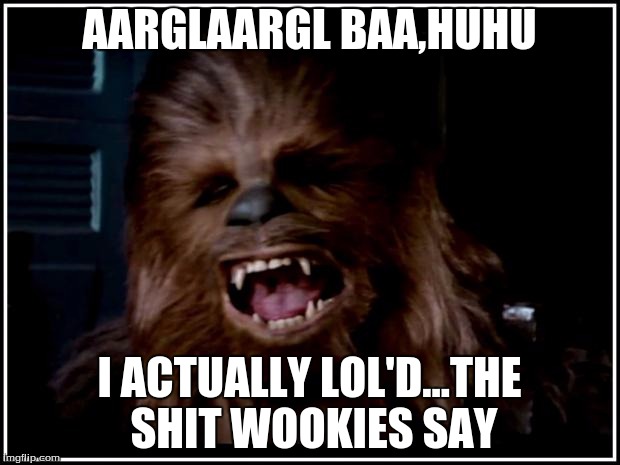 chewbacca | AARGLAARGL BAA,HUHU; I ACTUALLY LOL'D...THE SHIT WOOKIES SAY | image tagged in chewbacca | made w/ Imgflip meme maker