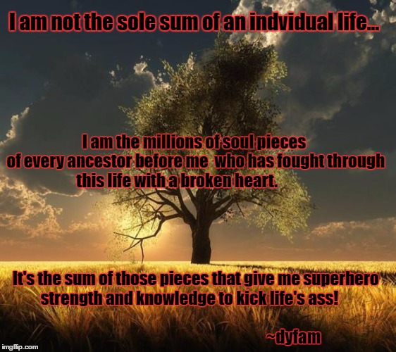 Tree of Life | I am not the sole sum of an indvidual life... I am the millions of soul pieces of every ancestor before me  who has fought through this life with a broken heart.                                                                                                                                                                                                                  It's the sum of those pieces that give me superhero strength and knowledge to kick life's ass!                                                                                                                     ~dyfam | image tagged in tree of life | made w/ Imgflip meme maker