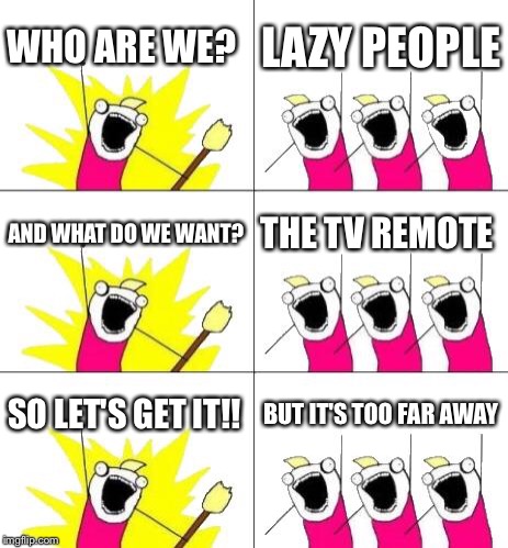 What Do We Want 3 Meme | WHO ARE WE? LAZY PEOPLE; AND WHAT DO WE WANT? THE TV REMOTE; SO LET'S GET IT!! BUT IT'S TOO FAR AWAY | image tagged in memes,what do we want 3 | made w/ Imgflip meme maker