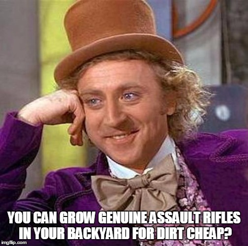 Creepy Condescending Wonka Meme | YOU CAN GROW GENUINE ASSAULT RIFLES IN YOUR BACKYARD FOR DIRT CHEAP? | image tagged in memes,creepy condescending wonka | made w/ Imgflip meme maker
