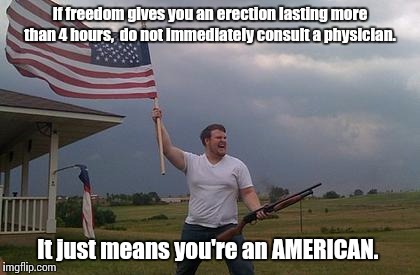 If freedom gives you an erection lasting more than 4 hours,  do not immediately consult a physician. It just means you're an AMERICAN. | image tagged in 4th of july,patriotic flag shotgun guy | made w/ Imgflip meme maker