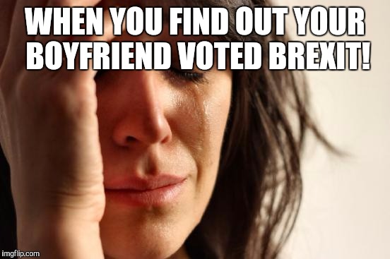 First World Problems Meme | WHEN YOU FIND OUT YOUR BOYFRIEND VOTED BREXIT! | image tagged in memes,first world problems | made w/ Imgflip meme maker