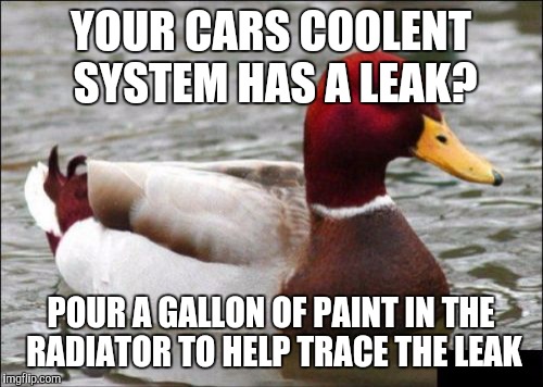 Malicious Advice Mallard Meme | YOUR CARS COOLENT SYSTEM HAS A LEAK? POUR A GALLON OF PAINT IN THE RADIATOR TO HELP TRACE THE LEAK | image tagged in memes,malicious advice mallard | made w/ Imgflip meme maker