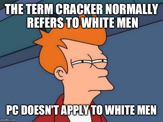 Futurama Fry Meme | THE TERM CRACKER NORMALLY REFERS TO WHITE MEN PC DOESN'T APPLY TO WHITE MEN | image tagged in memes,futurama fry | made w/ Imgflip meme maker