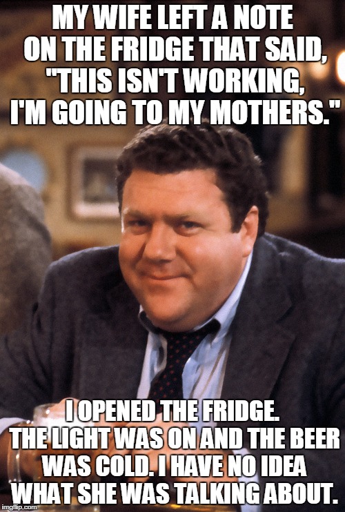 MY WIFE LEFT A NOTE ON THE FRIDGE THAT SAID, "THIS ISN'T WORKING, I'M GOING TO MY MOTHERS."; I OPENED THE FRIDGE. THE LIGHT WAS ON AND THE BEER WAS COLD. I HAVE NO IDEA WHAT SHE WAS TALKING ABOUT. | image tagged in norm | made w/ Imgflip meme maker