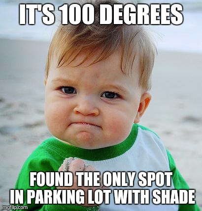 FistPump | IT'S 100 DEGREES; FOUND THE ONLY SPOT IN PARKING LOT WITH SHADE | image tagged in fistpump | made w/ Imgflip meme maker