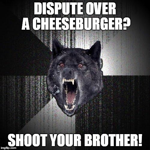 Insanity Wolf | DISPUTE OVER A CHEESEBURGER? SHOOT YOUR BROTHER! | image tagged in memes,insanity wolf | made w/ Imgflip meme maker