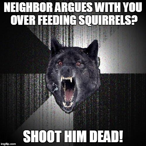 Insanity Wolf | NEIGHBOR ARGUES WITH YOU OVER FEEDING SQUIRRELS? SHOOT HIM DEAD! | image tagged in memes,insanity wolf | made w/ Imgflip meme maker