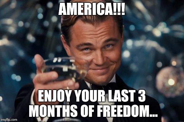 Leonardo Dicaprio Cheers Meme | AMERICA!!! ENJOY YOUR LAST 3 MONTHS OF FREEDOM... | image tagged in memes,leonardo dicaprio cheers | made w/ Imgflip meme maker