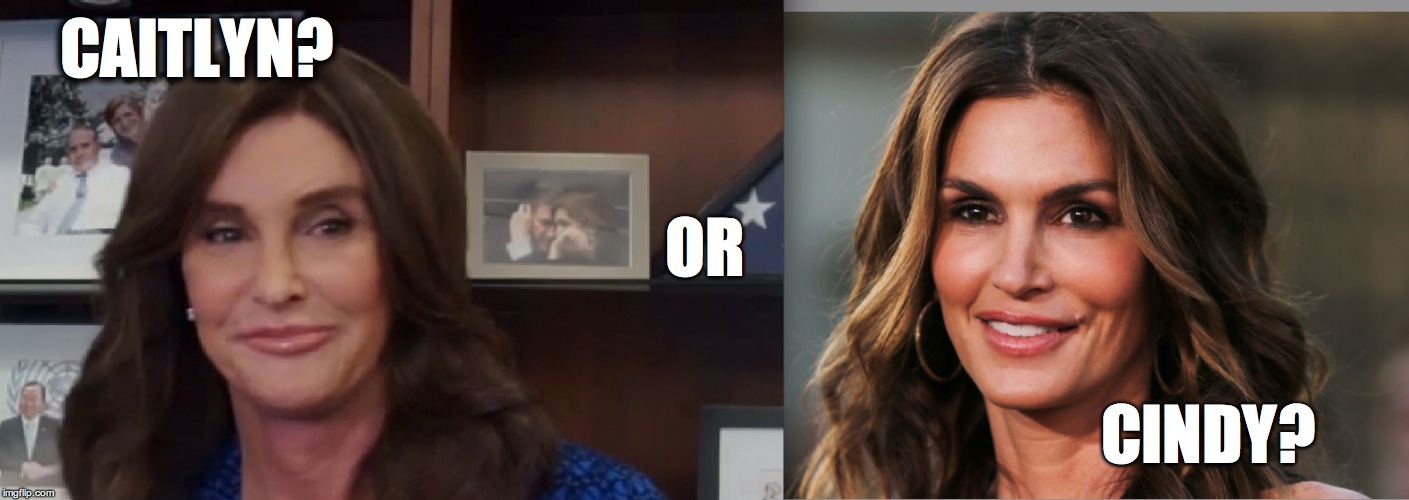 Caitlyn or Cindy? YOU decide….. | CAITLYN? OR; CINDY? | image tagged in caitlyn jenner,cindy crawford,transgender,trans,tranny,bruce jenner | made w/ Imgflip meme maker