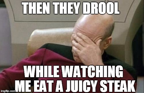 Captain Picard Facepalm Meme | THEN THEY DROOL WHILE WATCHING ME EAT A JUICY STEAK | image tagged in memes,captain picard facepalm | made w/ Imgflip meme maker