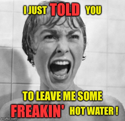  PSYCHO | TOLD; I JUST                      YOU; TO LEAVE ME SOME; HOT WATER ! FREAKIN' | image tagged in psycho,shower,hygiene | made w/ Imgflip meme maker