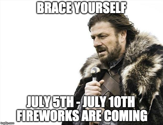 Brace Yourselves...the fireworks never end in July | BRACE YOURSELF; JULY 5TH - JULY 10TH FIREWORKS ARE COMING | image tagged in memes,brace yourselves x is coming,4th of july,fireworks | made w/ Imgflip meme maker