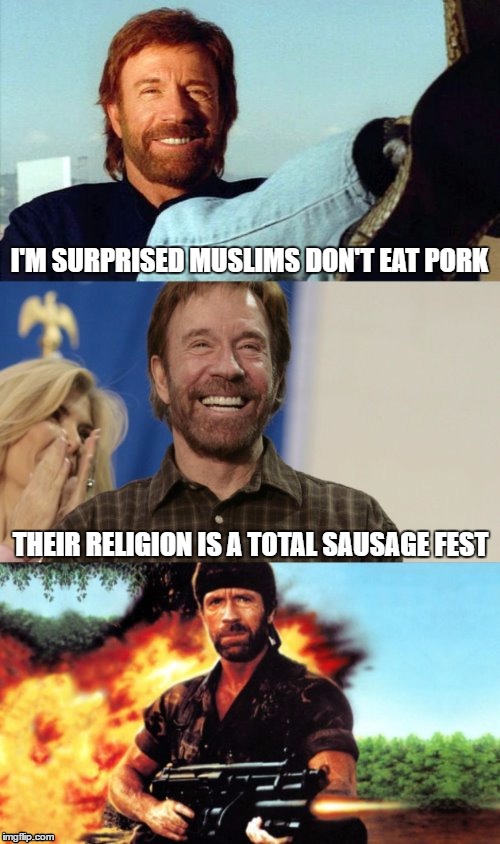 I'M SURPRISED MUSLIMS DON'T EAT PORK THEIR RELIGION IS A TOTAL SAUSAGE FEST | image tagged in awesome pun chuck norris | made w/ Imgflip meme maker