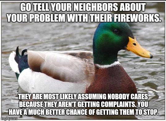 Actual Advice Mallard | GO TELL YOUR NEIGHBORS ABOUT YOUR PROBLEM WITH THEIR FIREWORKS. THEY ARE MOST LIKELY ASSUMING NOBODY CARES BECAUSE THEY AREN'T GETTING COMPLAINTS. YOU HAVE A MUCH BETTER CHANCE OF GETTING THEM TO STOP. | image tagged in memes,actual advice mallard,AdviceAnimals | made w/ Imgflip meme maker